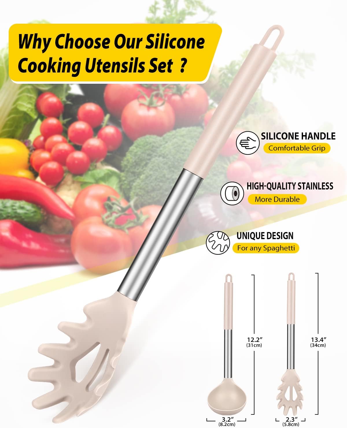 Silicone Pasta Fork and Ladle Spoon Set, Large Non Stick Kitchen Utensils for Cooking,Stirring,Serving Spaghetti, Soup, Sauce (KHAKI)