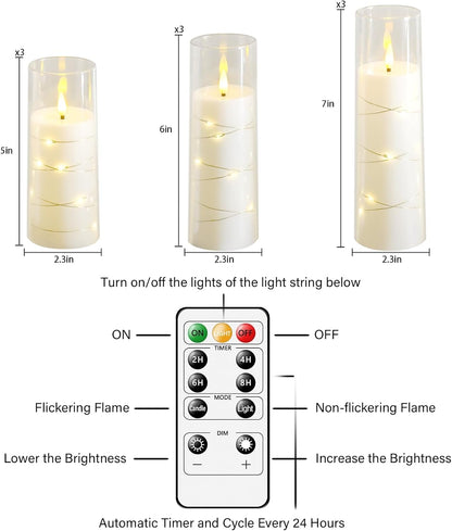 Flickering Flameless LED Candles, 9 Pcs with Embedded Star String, Acrylic LED Pillar Candles with Remote, Suitable for Home Decoration (White)