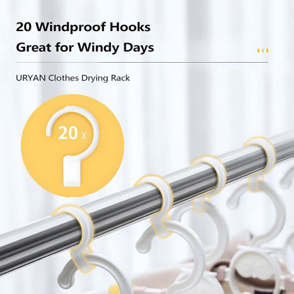 URYAN 63 Inches Clothes Drying Rack, Heavy Duty Stainless Steel Laundry Drying Rack Folding Indoor Outdoor, Portable Drying Rack Clothing, Free-Standing Laundry Stand with 20 Windproof Hooks