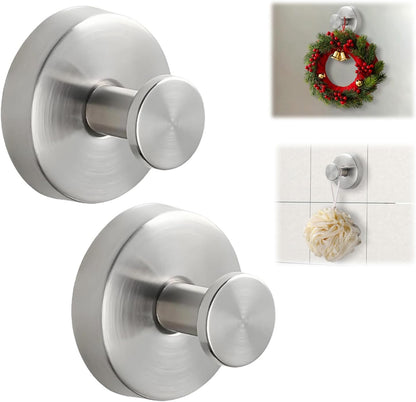 Suction Cup Hooks for Wreaths on Glass, No-Drill Suction Cup Hooks, Wreath Hangers for Front Doors, Metal Towel Hooks for Showers Bathrooms Mirrors (2Pcs Silver)