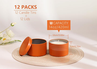 Candle Tins with Lids, 3 Wicks Containers 12 Pack 14oz/420ml Seamless Bulk for Candle Making Supplies Empty Candle Jars - Orange