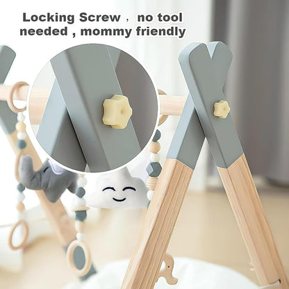 Wooden Foldable Baby Play Gym Frame Activity Hanging Bar With 5 Toys - Natural for Newborn (Grey)