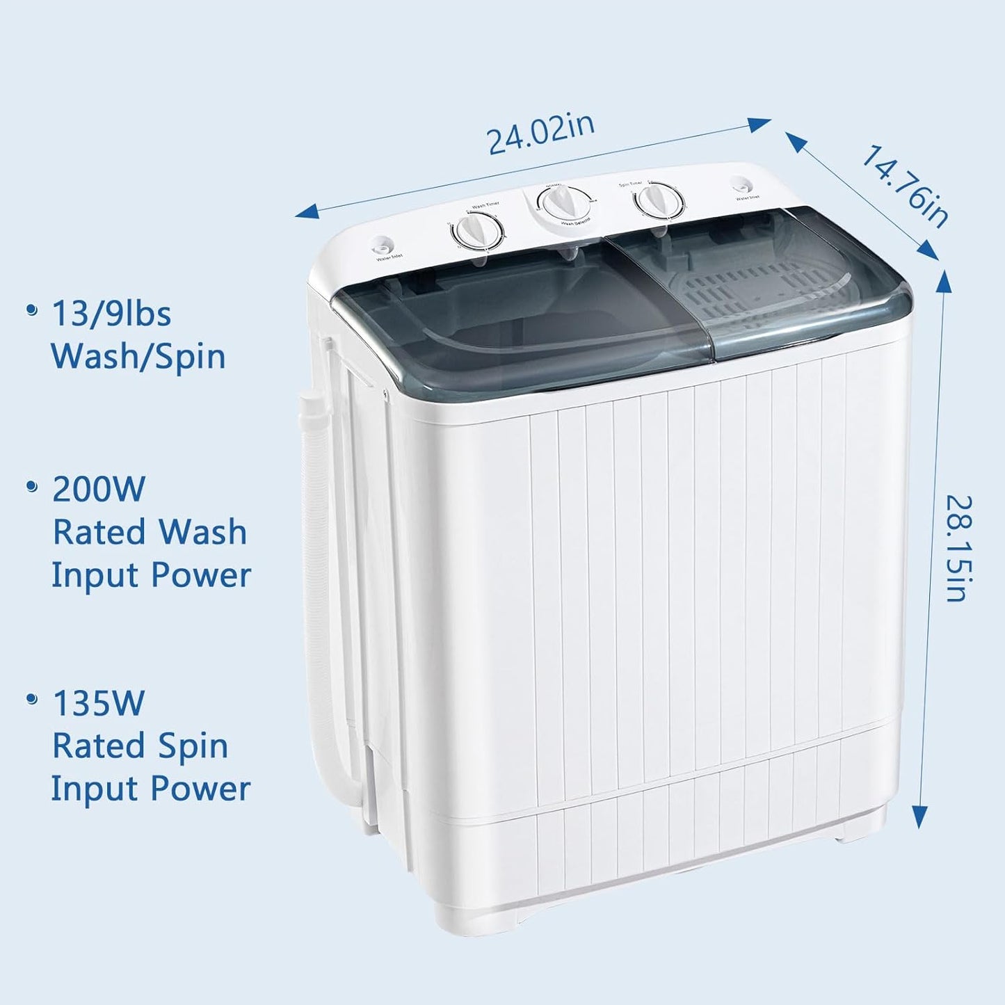Portable Mini Twin Tub 22lbs Washing Machine With Drying Rack& 10 Hangers, 13lbs Washer & 9lbs Spinner, Small Laundry Washer with Time Control for Camping, Apartments, RV (22lbs)