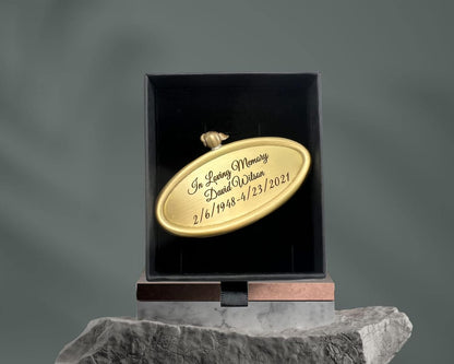 Personalized Engraved Name Tag for Urns - Customizable Plate for Cremation Urns - Engraved Hanging Plate in Golden or Silvery Tone with Satin Ribbon (Golden Pendant)
