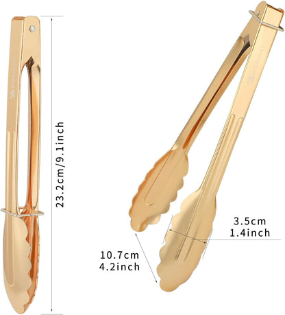 MSY BIGSUNNY 9 Inch Kitchen Food Tongs for Cooking and Serving- Aluminum - Set of 3 (gold-plated)