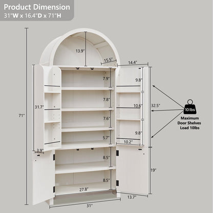 71" Tall Arched Bathroom Storage Cabinet, Modern Fluted Storage Cabinet w/Doors, 3 Adjustable Shelves, 6 Door Shelves, Wood Freestanding Cabinet for Bathroom, Entryway, Hallway, Antique White