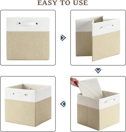 13 x 13 Inch Fine Linen Storage Bins with Handles，Fabric Cube Boxs，Collapsible Basket Organizers for Shelves for Home, Closet Drawers (White/Khaki-4 Pack)