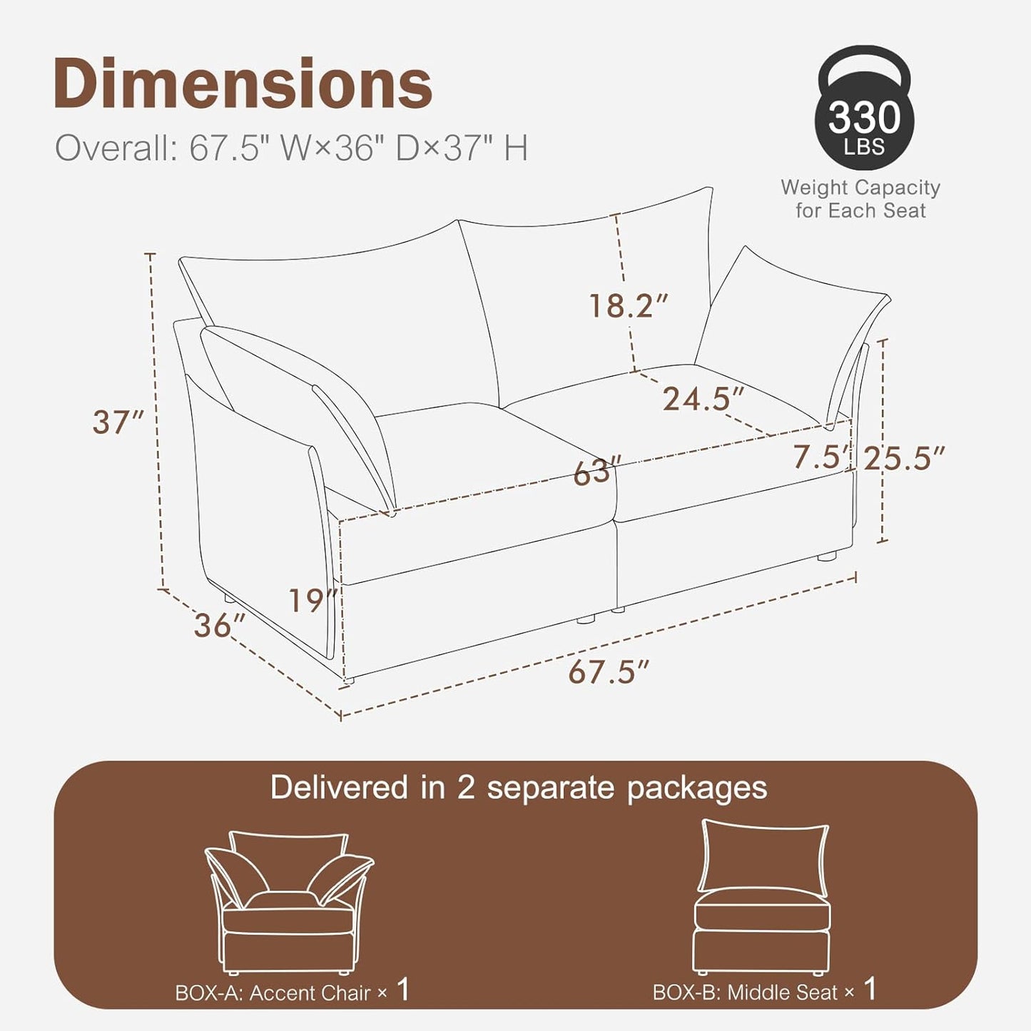 Oversized Loveseat Sofa, Modern Modular Sectional Couch Terracotta Orange Fluffy Chenille Mid Century 2-Seat 24.5" Deep Seat for Apartment, Living Room, Bedroom