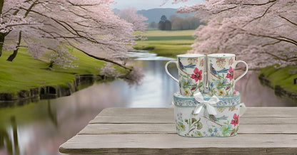 Lightahead Elegant Bone China Two Coffee Mugs set in Blue bird design 11.2 oz each cup in attractive gift box