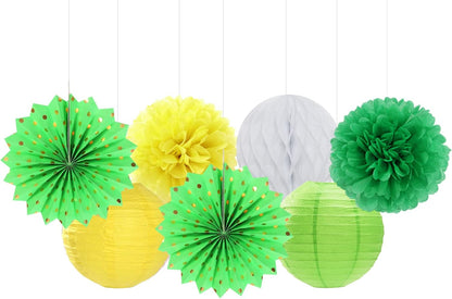 Yellow-White Green Party-Decorations Streamers-Lanterns - 14pcs Spring Summer Garden Tea Paper Fan,Birthday Baby Bridal Shower Wedding Tissue Pom Poms,Classroom Honeycomb Balls Decor Lasting Surprise