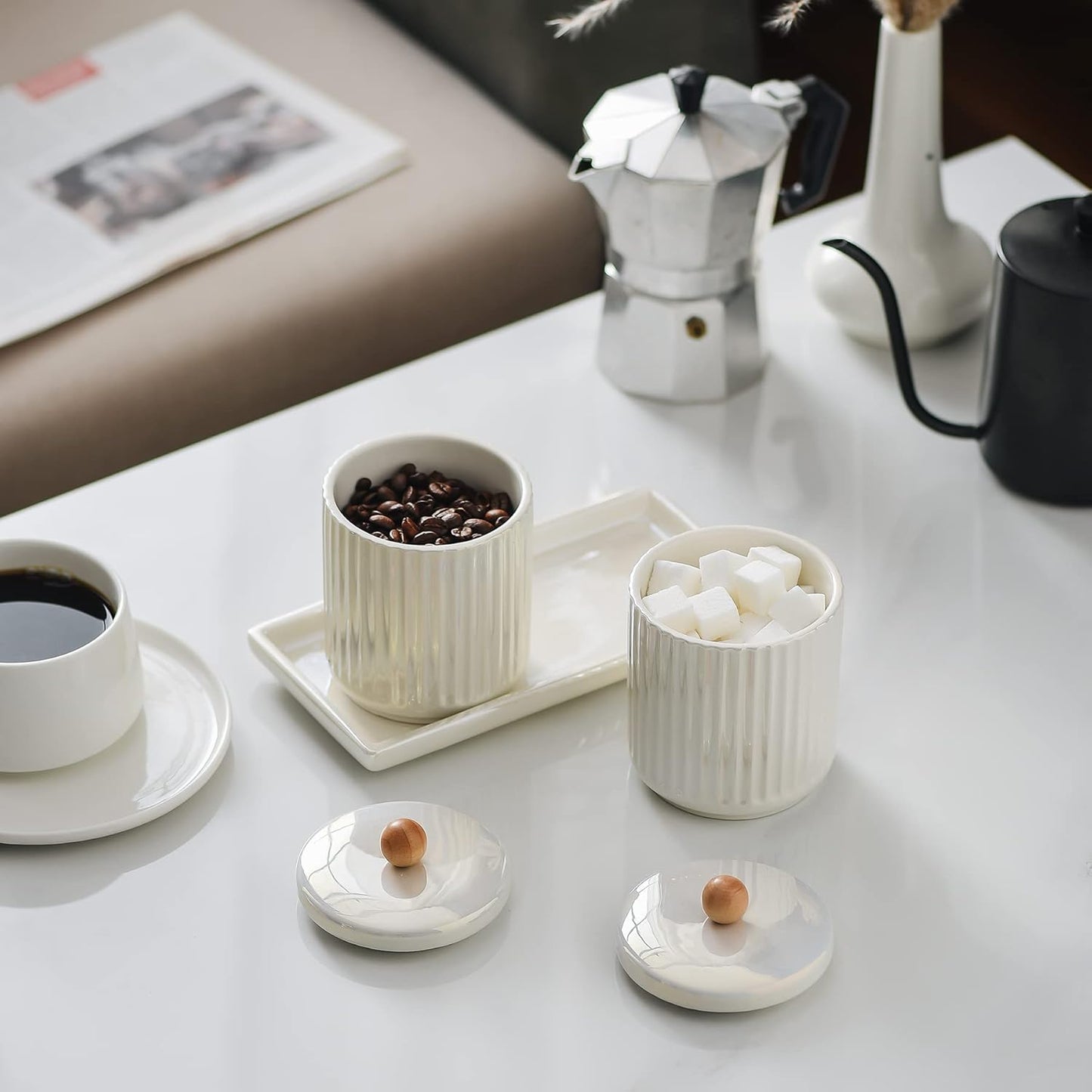 Ceramic Bathroom Canister Set with Coordinating Small Vanity Tray Qtip Holder Dispenser for Cotton Ball,Swab,Pads, Floss, Bathroom Storage Jars with Lids Pearl White