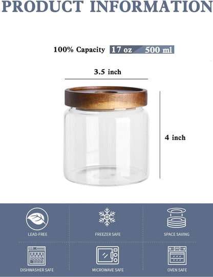 Kanwone Glass Storage Jars Set of 6, 17 Ounce Airtight Food Storage Containers with Bamboo lids, Clear Glass Canisters for Pantry, kitchen, Flour, Sugar, Tea, Coffee, Snack, Spice and Herbs