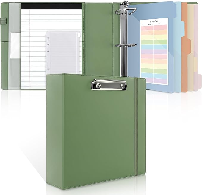 SKYDUE 3 Ring Binder 3 Inch D Ringr with Clipboard, PU Heavy Duty Clipboard Binder with Notepad & 5 Dividers with 5 Pockets, Labels, Clipboard Folder Great for School Office