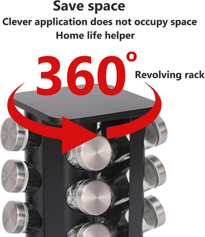 Spice Rack, Spice Rack Organizers for Countertop, Rotating Countertop Spice Rack, Revolving Spice Rack for Kitchen, Kitchen Gadgets, Organizer Rack with Spice Jars (Black, SquareHead_12Jars)