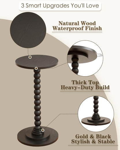 Masupu Round Side Table, Small End Table for Small Spaces, Pedestal Drink Table with Solid Wood Leg for Living Room, Bedroom, Corners(Black)