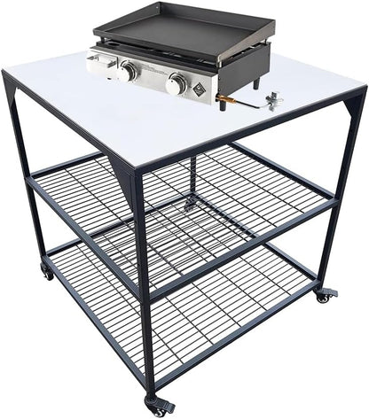 Stainless Steel 3-Tier Mobile Cart for Outdoor Grills & Pizza Ovens