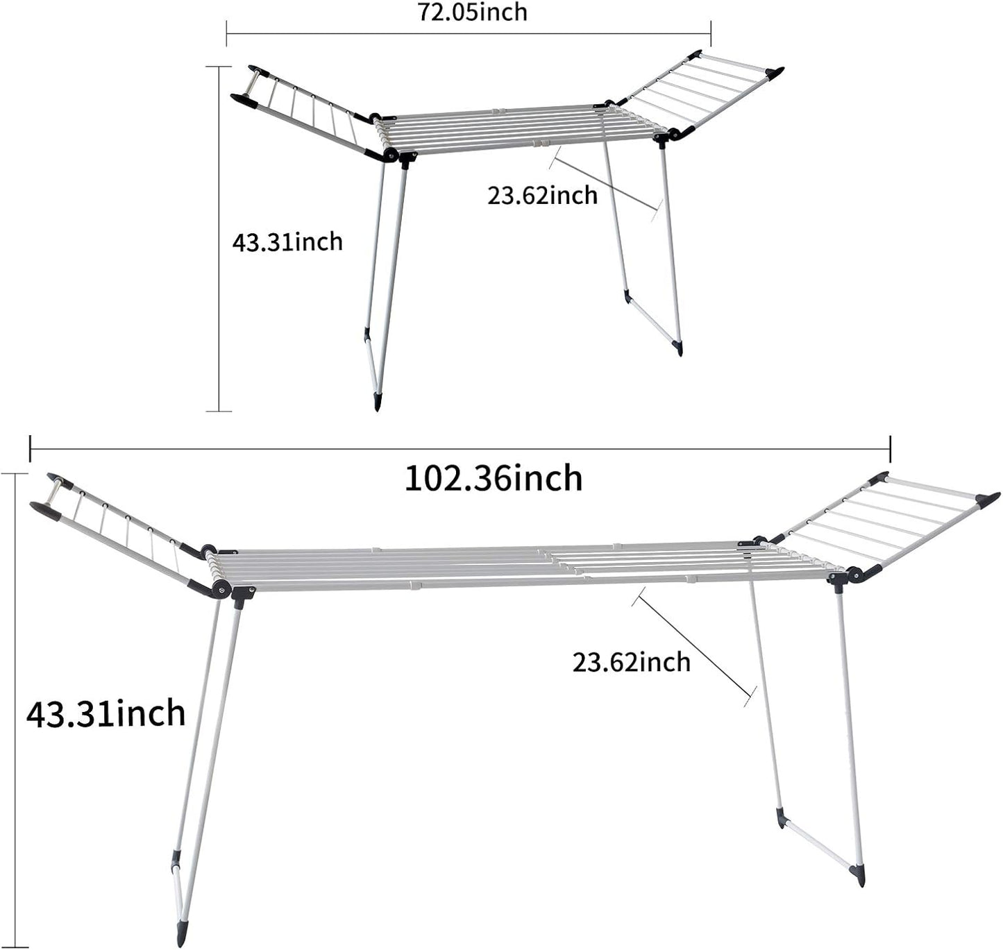 Clothes Drying Rack, Gullwing Laundry Rack Adjustable and Foldable for Easy Storage Indoor and Outdoor, White & Gray