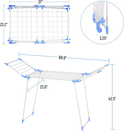 Clothes Drying Rack, Gullwing Laundry Rack, Collapsible, Space-Saving Laundry Rack, with Bonus Sock Clips, for Clothes, Towels, Linens, Indoor/Outdoor, Blue