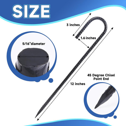 12 Inch Heavy Duty Rebar Stakes, 20-Pack Galvanized Steel J Hook Tent Stakes for Outdoor Decorations, Inflatables, Fencing, Gardening, Gazebo and Swing Set Anchors