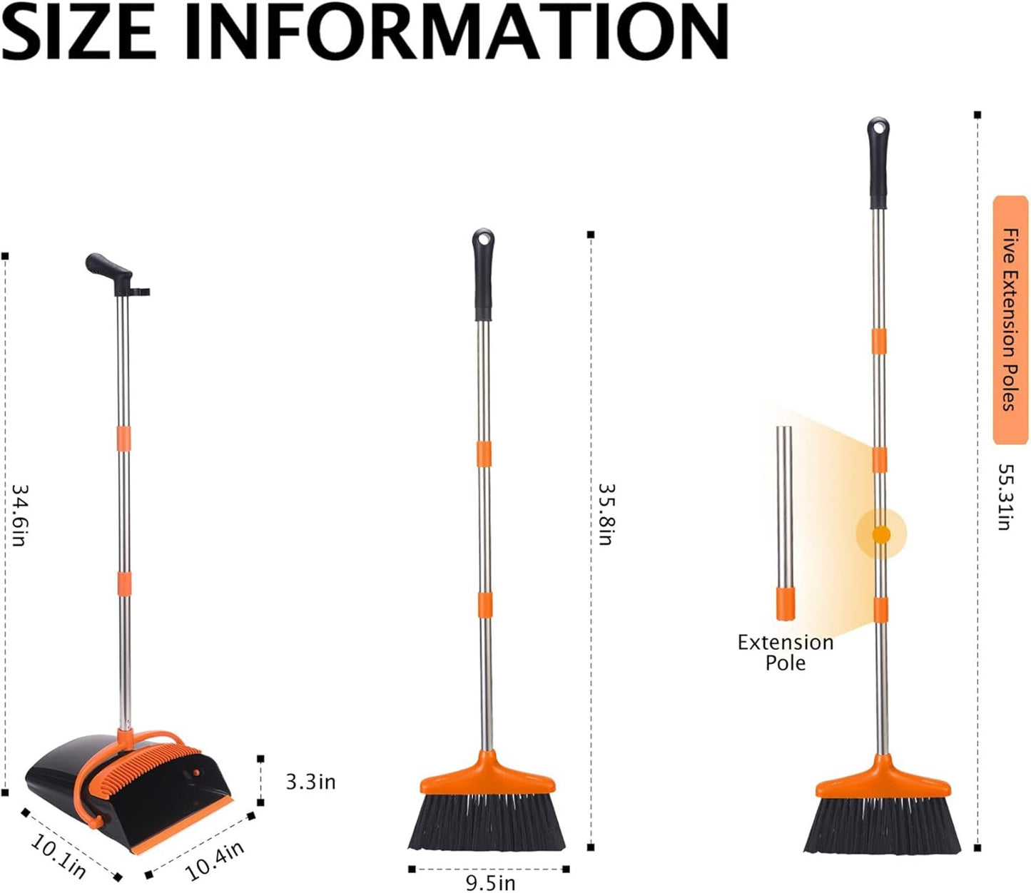 Broom and Dustpan Set with Long Handle, Light Weight Stainless Steel Poles Stand Upright Dustpans with Broom Combo for Home Kitchen Office Pet Dog Hair, Black & Orange Color, 1-Pack