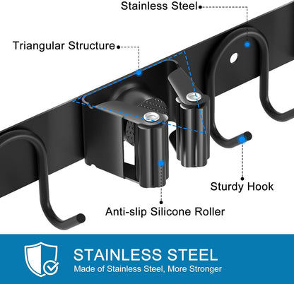 Broom Holder Wall Mount, 2 Packs Black Stainless Steel Tool Storage Organizer for Kitchen Garden Garage Laundry Room Bathroom and RV with 4 Slots 6 Hooks