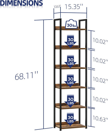 NUMENN Narrow Bookshelf, 6 Tier Bookshelves, Home Office Bookcase Shelf Storage Organizer, Free Standing Storage Shelving Unit for Bedroom, Living Room and Home Office, Vintage