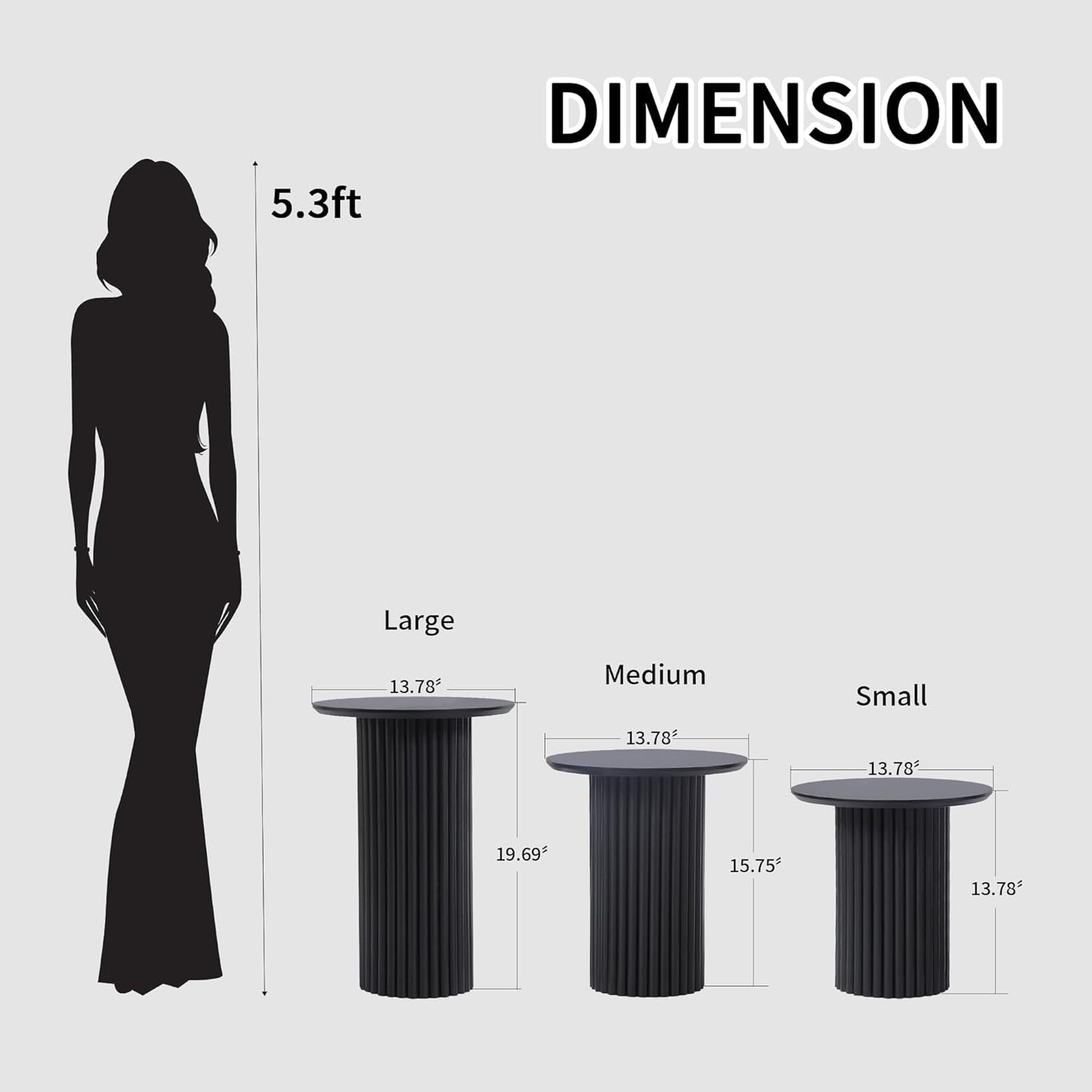 Round Nesting Coffee Table Set of 3,Mid Century Modern Fluted Coffee and End Table Set,Small Circle Wooden Side Table Drink Table for Living Room (Black)