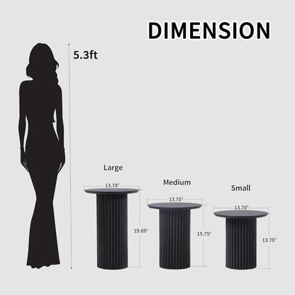 Round Nesting Coffee Table Set of 3,Mid Century Modern Fluted Coffee and End Table Set,Small Circle Wooden Side Table Drink Table for Living Room (Black)