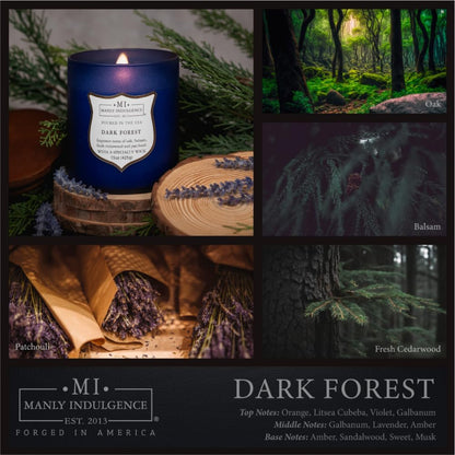 Manly Indulgence Dark Forest Scented Jar Candle for Men, Wood Wicked Candle, 15 oz - Oak, Balsam, Fresh Cedarwood & Patchouli - Up to 60 Hours Burn, Soy Blend Wax, USA Poured, Navy Blue