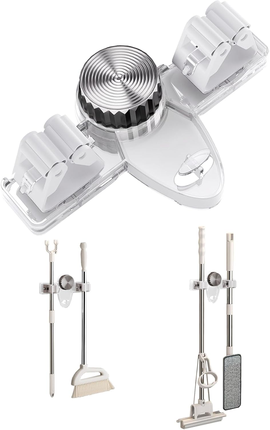 Mop and Broom Holder Wall Mount, No Punching Required Broom and Mop Organizer Wall Hanging with Hooks for Bathroom, Laundry Room, Garage, Kitchen,Garden Tool Organizer Storage (1pcs Transparent)