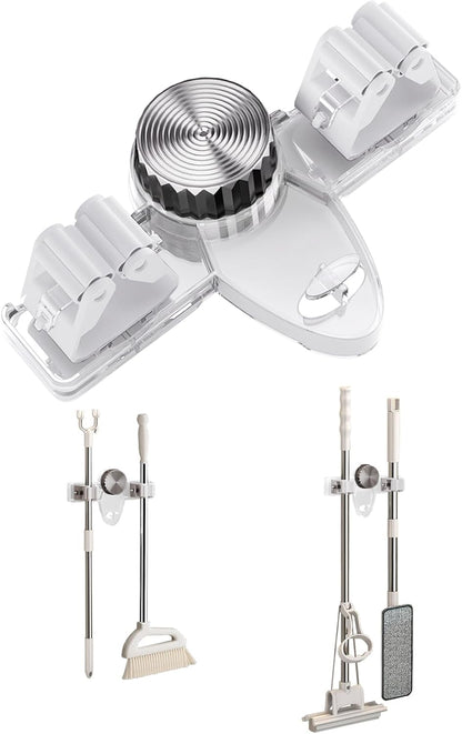 Mop and Broom Holder Wall Mount, No Punching Required Broom and Mop Organizer Wall Hanging with Hooks for Bathroom, Laundry Room, Garage, Kitchen,Garden Tool Organizer Storage (1pcs Transparent)