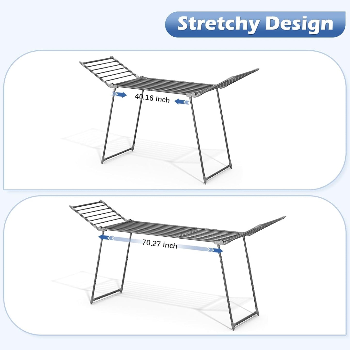 APEXCHASER Clothes Drying Rack Foldable, Large Drying Rack Clothing Retractable, Metal Clothes Airer for Bedding Towel Sweater Heavy Duty, Indoor Outdoor Use, 21.9"W x 100"L x 39"H, No Assembly, Grey