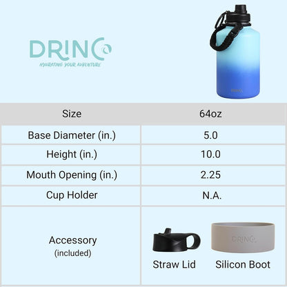DRINCO Stainless Steel Water Bottle Spout Lid Vacuum Insulated Double Wall Water Bottle(64oz 40oz 32oz 22oz 18oz 14oz) Leak Proof Keep Cold Sport Camping Hiking (64 oz, 64oz Morning Sky Blue)