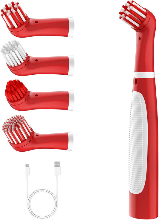 Rechargeable Electric Cleaning Brush with 4 in 1 Multiple Brush Heads and USB Cable, Indoor Household Cordless Motorized Brush for Bathroom Toilet Kitchen Tile Crevice (White & Red)