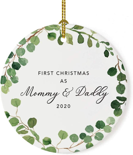 Andaz Press Custom Year Round Ceramic Porcelain Christmas Tree Ornament Keepsake Collectible Gift, First Christmas as Mommy & Daddy 2025, Farmhouse Eucalyptus Wreath, 1-PackNew