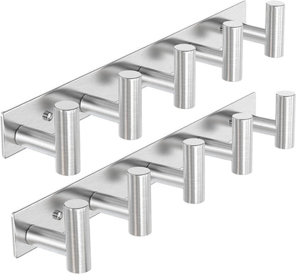 VAEHOLD Silvery Hat and Coat Wall Mount Rack - 5 Hooks for Robes, Bags, Keys, and Towels - Bathroom Towel Hanger Organizer (2 Pack)