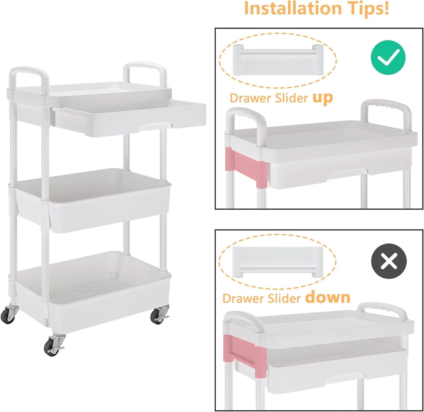 Calmootey 3-Tier Rolling Utility Cart with Drawer,Multifunctional Storage Organizer with Plastic Shelf & Metal Wheels,Storage Cart for Kitchen,Bathroom,Living Room,Office,White