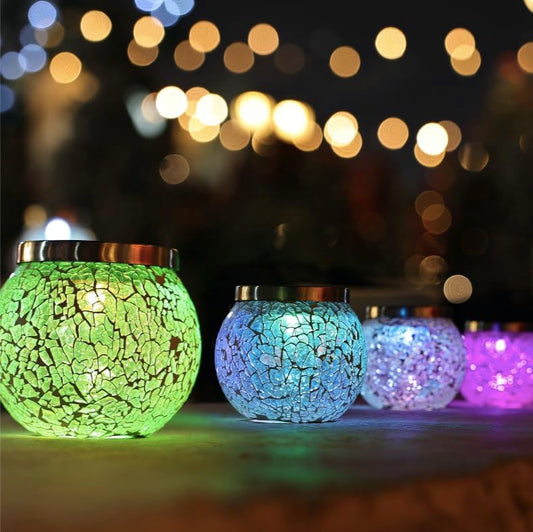 Cooo 2 Pack Heavy Solar Mosaic Crackle Glass Lights with Dual Solar Panels, Color-Changing RGB Lantern, Exclusive Dazzling Glass, Waterproof Outdoor Table Lamps Garden Lamp Landscape Path Light