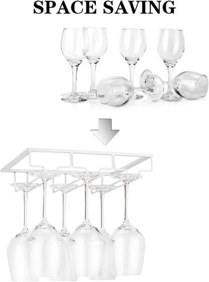Wine Glass Rack - Under Cabinet Stemware Wine Glass Holder Glasses Storage Hanger Metal Organizer for Bar Kitchen White