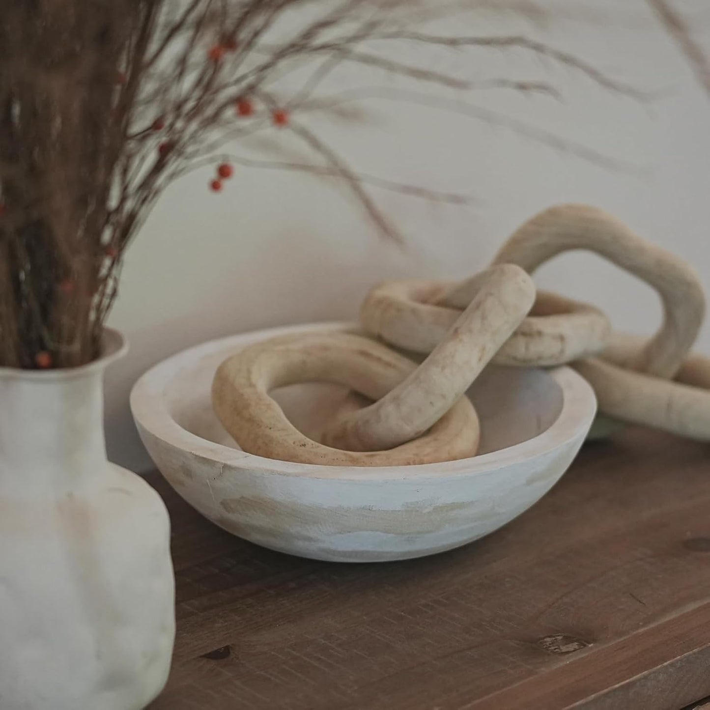 Hand Carved Wooden Decorative Bowl for Home Entryway Decor, Wood Centerpiece Bowl for Coffee Table Decor, Wood Dough Bowl for Farmhouse Decor (Whitewashed)