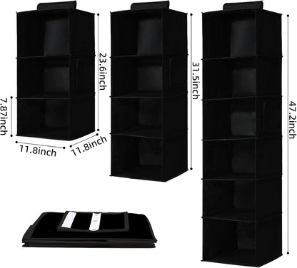 2 Packs Hanging Closet Organizer Stroage, 3-Shelf Hanging Shelves with Bamboo Inserts & Side Pocket, Black