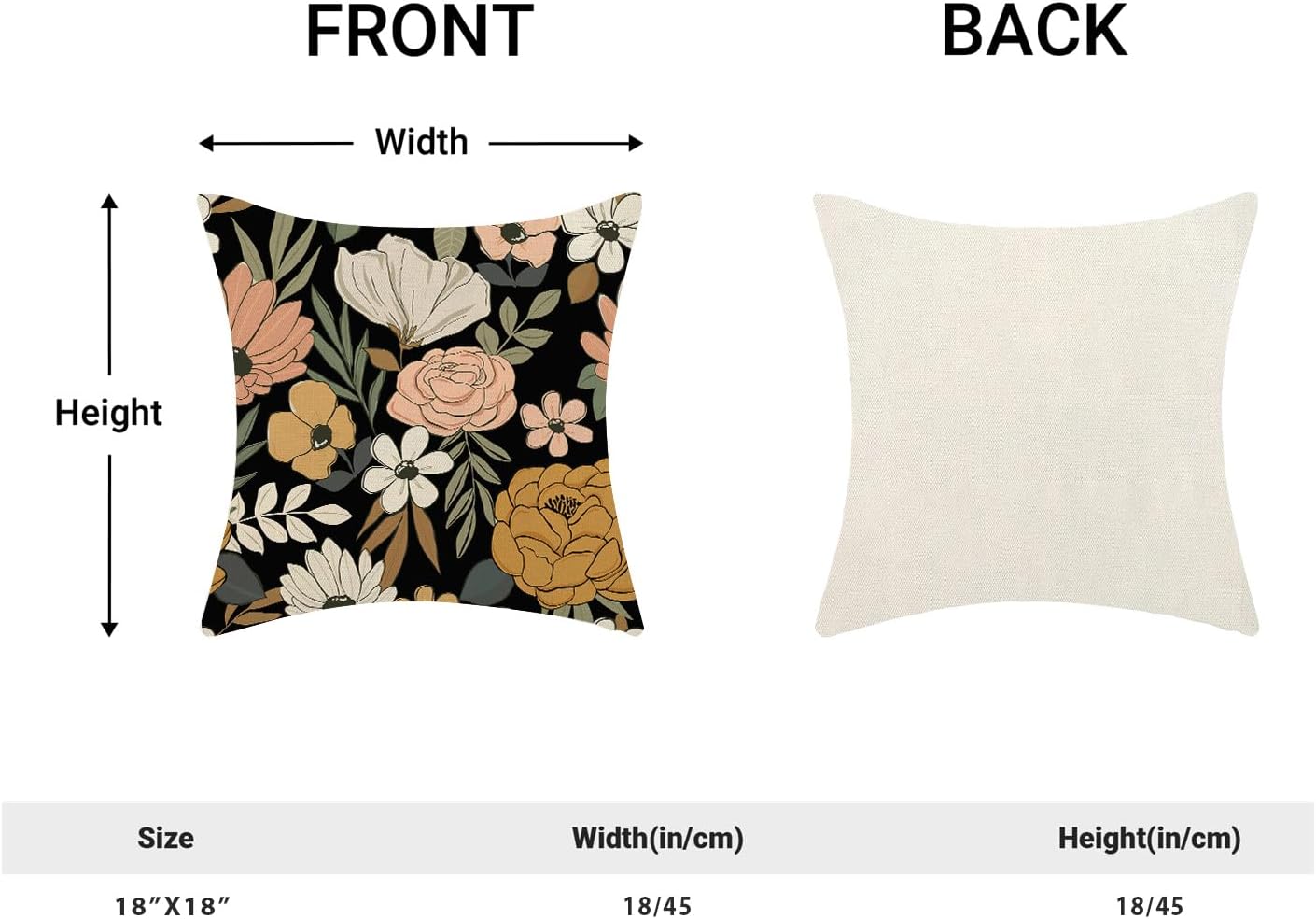 CXMEIFLY Spring Floral Pillow Covers 18 x 18 Inch Set of 2 for Vintage Pink Mustard Yellow Cream Flowers Decor Throw Pillows Plant Black Outdoor Decorative Cushion Cases for Couch Bed Decorations