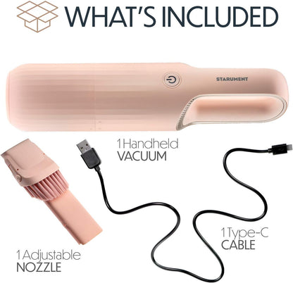 STARUMENT Portable Hand Vacuum Cleaner for Dust Pet Hair Dirt Home Car Interior, Furniture Lightweight Easy to Use, Compact Design Battery Rechargeable with USB-C Cable Pink