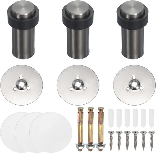 PATIKIL 3Set Round Door Stoppers, 80mm Stainless Steel Door Stop Doorstop Wedge Metal Cylinder Self Adhesive with Screw for Bottom of Door Floor Inside, Gold Tone