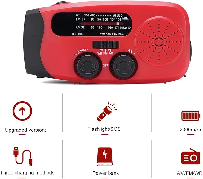 FTVOGUE Emergency Crank Radio 2000mAh Solar Powered NOAA Weather Radio with AM FM WB LED Flashlight SOS for Outdoor and Emergency Preparedness