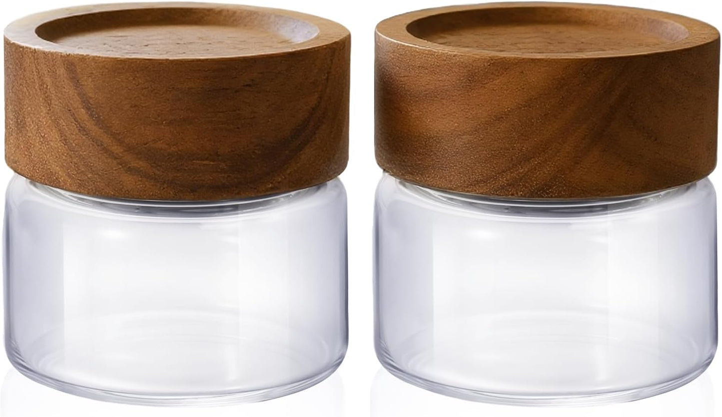 2-Pack 4 oz Leakproof Mason Jars with Airtight Acacia Wood Lids - Small Glass Food Storage Containers for Overnight Oats, Spices, Snacks, Kitchen Pantry Organization