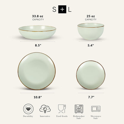 Stone Lain, Stoneware, Service for 4, Light Green, Plates and Bowls Sets, Dinnerware Set with 4 Dinner - & 4 Salad Plates, 4 Pasta - & 4 Round Bowls, Dishwasher & Microwave Safe, 16-Piece