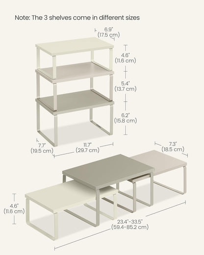 SONGMICS Cabinet Organizer Shelf, Set of 3 Kitchen Counter Shelves, Kitchen Storage, Spice Rack, Stackable, Expandable, Sand Beige UKCS220K01