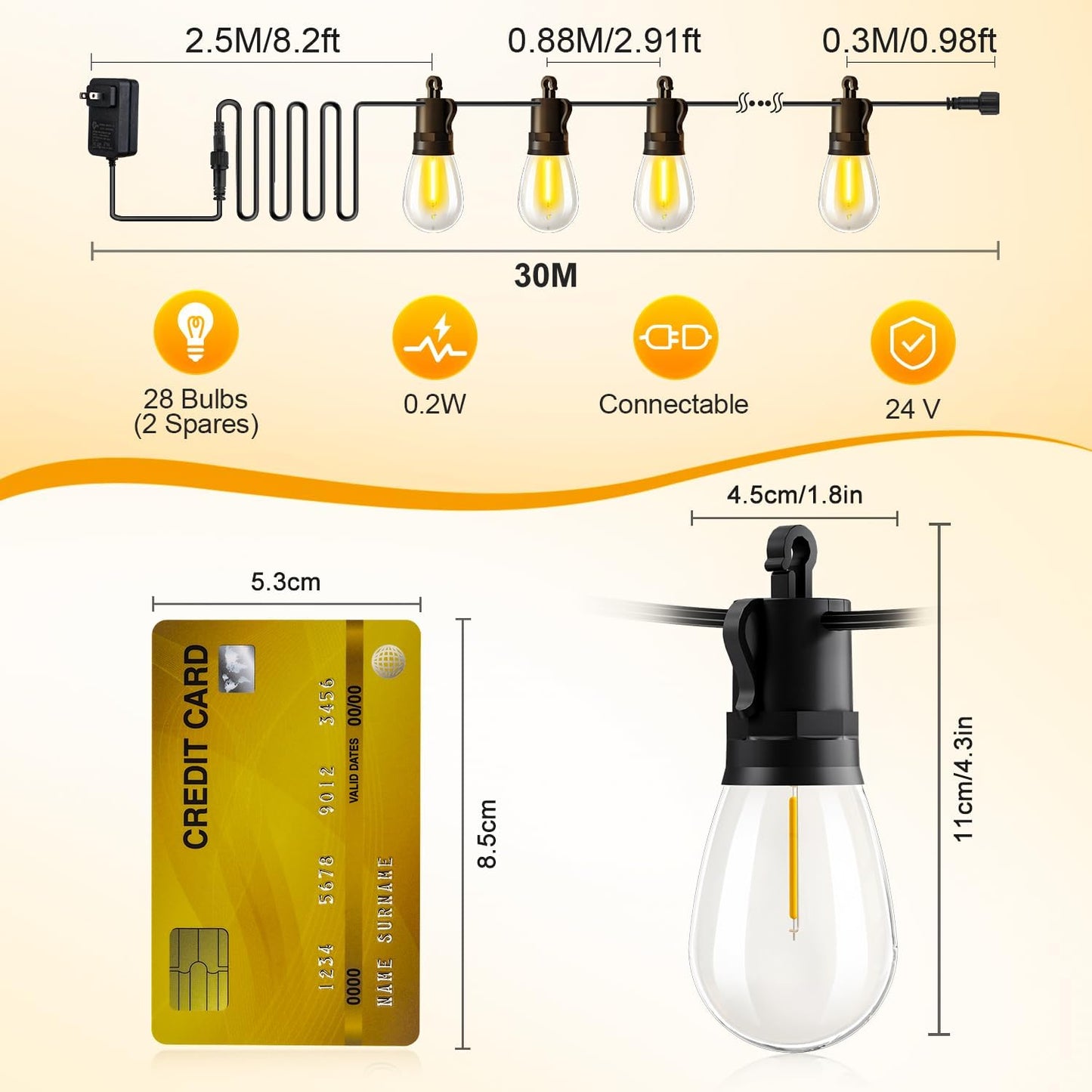 Outdoor String Lights Patio LED Light Outside - 30M 28+2 S14 LED with Remote Control 100ft Porch Lighting IP65 Waterproof