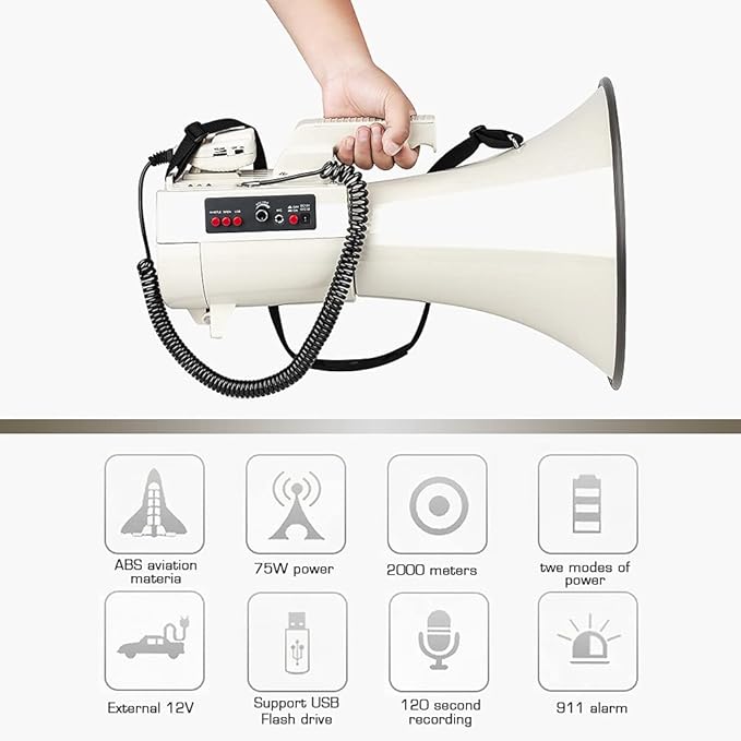 Heavy Duty 75W Professional Megaphone Bullhorn Speaker with Built-in Microphone-Rechargeable Battery&Portable Strap-Siren -USB/SD/AUX Input-Ideal for Football, Baseball,Coaches